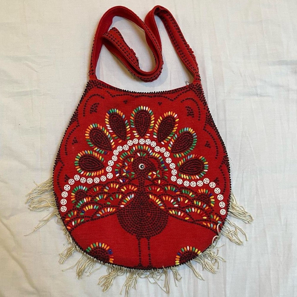 Red Beaded and Embroidered Peacock Satchel Purse Vintage 1970s
